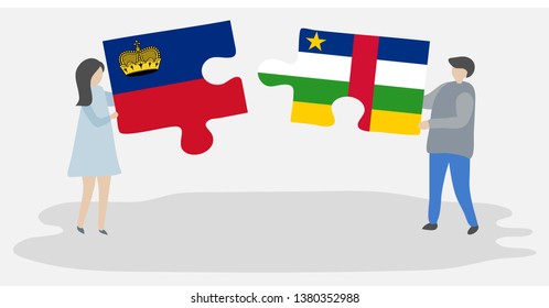 Couple holding two puzzles pieces with Liechtenstein and Central African flags. Liechtenstein and Central African Republic national symbols together.