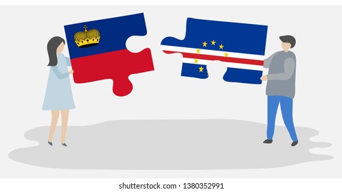 Couple holding two puzzles pieces with Liechtenstein and Cabo Verdean flags. Liechtenstein and Cape Verde national symbols together.