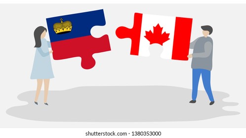 Couple holding two puzzles pieces with Liechtenstein and Canadian flags. Liechtenstein and Canada national symbols together.