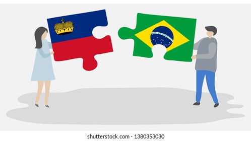 Couple holding two puzzles pieces with Liechtenstein and Brazilian flags. Liechtenstein and Brazil national symbols together.