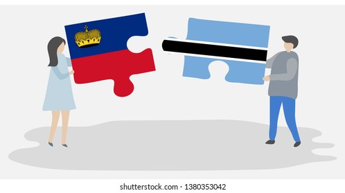 Couple holding two puzzles pieces with Liechtenstein and Motswana flags. Liechtenstein and Botswana national symbols together.