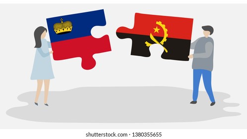 Couple holding two puzzles pieces with Liechtenstein and Angolan flags. Liechtenstein and Angola national symbols together.