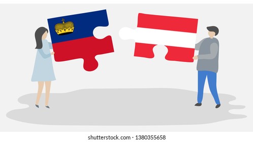 Couple holding two puzzles pieces with Liechtenstein and Austrian flags. Liechtenstein and Austria national symbols together.