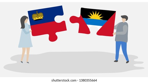 Couple holding two puzzles pieces with Liechtenstein and Antiguan flags. Liechtenstein and Antigua and Barbuda national symbols together.
