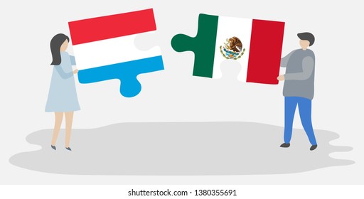 Couple holding two puzzles pieces with Luxembourgish and Mexican flags. Luxembourg and Mexico national symbols together.