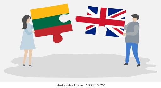Couple holding two puzzles pieces with Lithuanian and British flags. Lithuania and United Kingdom national symbols together.