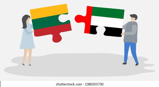 Couple holding two puzzles pieces with Lithuanian and Emirian flags. Lithuania and United Arab Emirates national symbols together.
