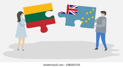 Couple holding two puzzles pieces with Lithuanian and Tuvaluan flags. Lithuania and Tuvalu national symbols together.