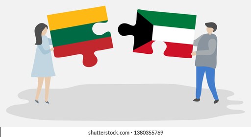 Couple holding two puzzles pieces with Lithuanian and Kuwaiti flags. Lithuania and Kuwait national symbols together.