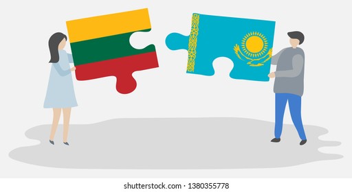 Couple holding two puzzles pieces with Lithuanian and Kazakh flags. Lithuania and Kazakhstan national symbols together.