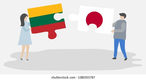 Couple holding two puzzles pieces with Lithuanian and Japanese flags. Lithuania and Japan national symbols together.