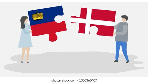 Couple holding two puzzles pieces with Liechtenstein and Danish flags. Liechtenstein and Denmark national symbols together.