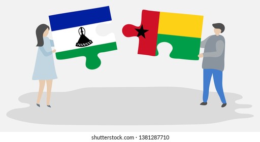 Couple holding two puzzles pieces with Basotho and Bissau-Guinean flags. Lesotho and Guinea-Bissau national symbols together.