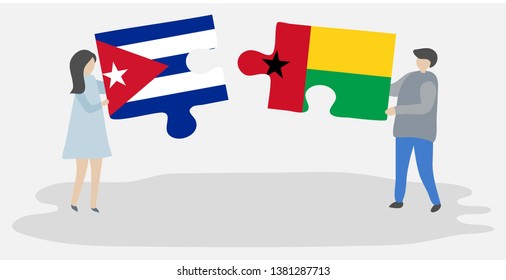 Couple holding two puzzles pieces with Cuban and Bissau-Guinean flags. Cuba and Guinea-Bissau national symbols together.