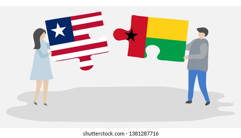 Couple holding two puzzles pieces with Liberian and Bissau-Guinean flags. Liberia and Guinea-Bissau national symbols together.