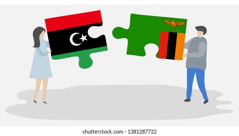 Couple holding two puzzles pieces with Libyan and Zambian flags. Libya and Zambia national symbols together.