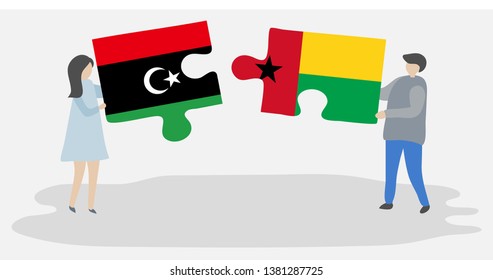 Couple holding two puzzles pieces with Libyan and Bissau-Guinean flags. Libya and Guinea-Bissau national symbols together.