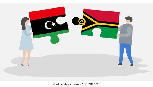 Couple holding two puzzles pieces with Libyan and Vanuatuan flags. Libya and Vanuatu national symbols together.