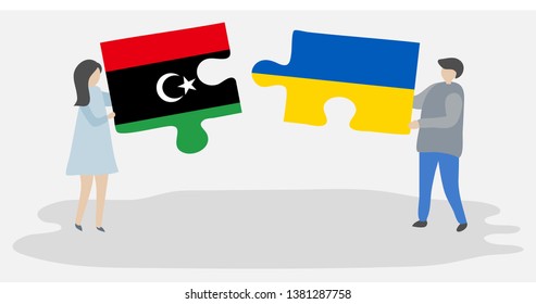 Couple holding two puzzles pieces with Libyan and Ukrainian flags. Libya and Ukraine national symbols together.