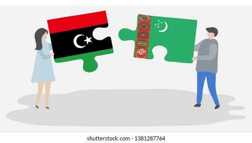 Couple holding two puzzles pieces with Libyan and Turkmen flags. Libya and Turkmenistan national symbols together.