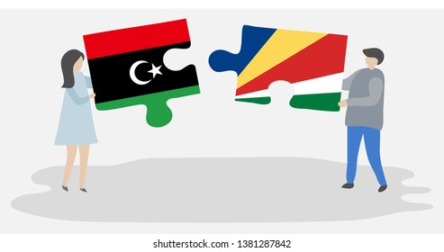 Couple holding two puzzles pieces with Libyan and Seychellois flags. Libya and Seychelles national symbols together.