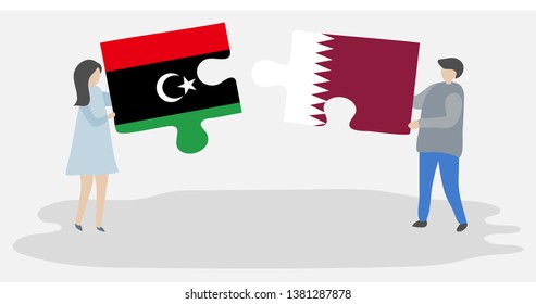 Couple holding two puzzles pieces with Libyan and Qatari flags. Libya and Qatar national symbols together.