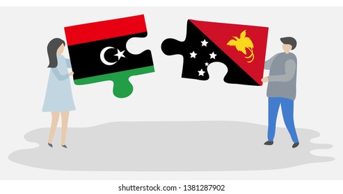Couple holding two puzzles pieces with Libyan and Papuan flags. Libya and Papua New Guinea national symbols together.