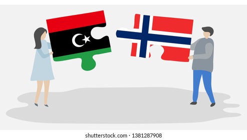 Couple holding two puzzles pieces with Libyan and Norwegian flags. Libya and Norway national symbols together.
