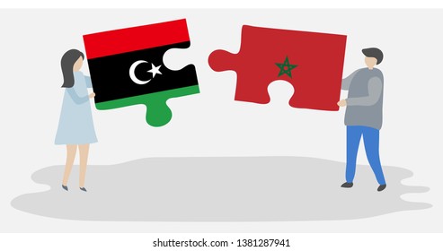 Couple holding two puzzles pieces with Libyan and Moroccan flags. Libya and Morocco national symbols together.