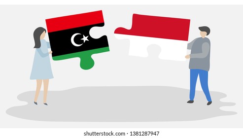 Couple holding two puzzles pieces with Libyan and Monegasque flags. Libya and Monaco national symbols together.