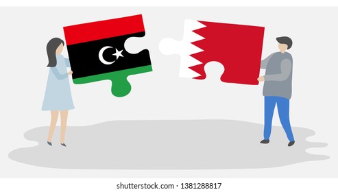 Couple holding two puzzles pieces with Libyan and Bahraini flags. Libya and Bahrain national symbols together.