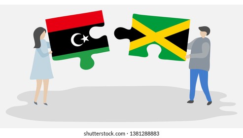 Couple holding two puzzles pieces with Libyan and Jamaican flags. Libya and Jamaica national symbols together.
