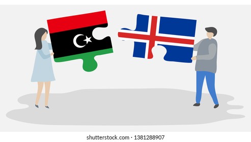 Couple holding two puzzles pieces with Libyan and Icelandic flags. Libya and Iceland national symbols together.