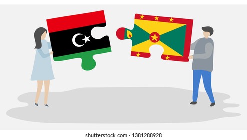 Couple holding two puzzles pieces with Libyan and Grenadian flags. Libya and Grenada national symbols together.