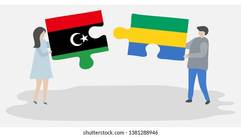 Couple holding two puzzles pieces with Libyan and Gabonese flags. Libya and Gabon national symbols together.