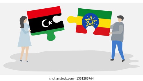 Couple holding two puzzles pieces with Libyan and Ethiopian flags. Libya and Ethiopia national symbols together.