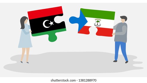 Couple holding two puzzles pieces with Libyan and Equatorial Guinean flags. Libya and Equatorial Guinea national symbols together.
