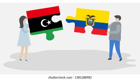 Couple holding two puzzles pieces with Libyan and Ecuadorian flags. Libya and Ecuador national symbols together.