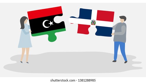Couple holding two puzzles pieces with Libyan and Dominican flags. Libya and Dominican Republic national symbols together.