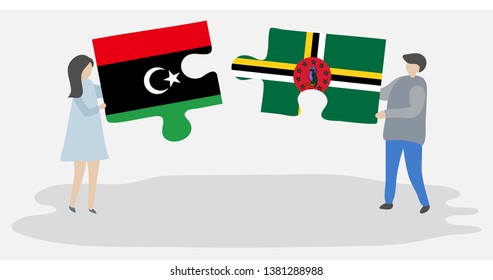 Couple holding two puzzles pieces with Libyan and Dominican flags. Libya and Dominica national symbols together.