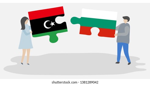 Couple holding two puzzles pieces with Libyan and Bulgarian flags. Libya and Bulgaria national symbols together.