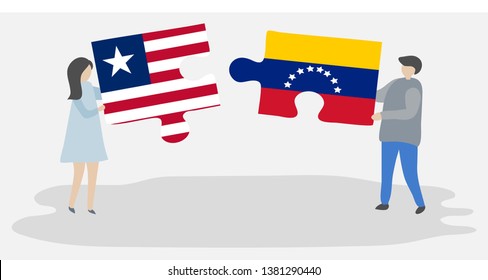 Couple holding two puzzles pieces with Liberian and Venezuelan flags. Liberia and Venezuela national symbols together.