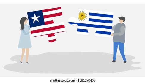 Couple holding two puzzles pieces with Liberian and Uruguayan flags. Liberia and Uruguay national symbols together.