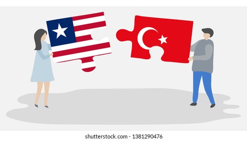 Couple holding two puzzles pieces with Liberian and Turkish flags. Liberia and Turkey national symbols together.