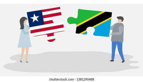 Couple holding two puzzles pieces with Liberian and Tanzanian flags. Liberia and Tanzania national symbols together.
