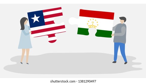 Couple holding two puzzles pieces with Liberian and Tajikistani flags. Liberia and Tajikistan national symbols together.