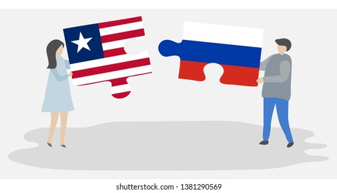 Couple holding two puzzles pieces with Liberian and Russian flags. Liberia and Russia national symbols together.