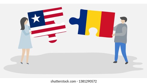 Couple holding two puzzles pieces with Liberian and Romanian flags. Liberia and Romania national symbols together.