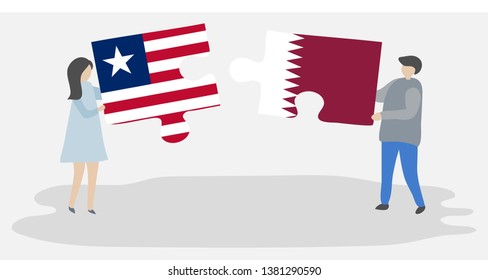 Couple holding two puzzles pieces with Liberian and Qatari flags. Liberia and Qatar national symbols together.