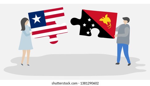 Couple holding two puzzles pieces with Liberian and Papuan flags. Liberia and Papua New Guinea national symbols together.